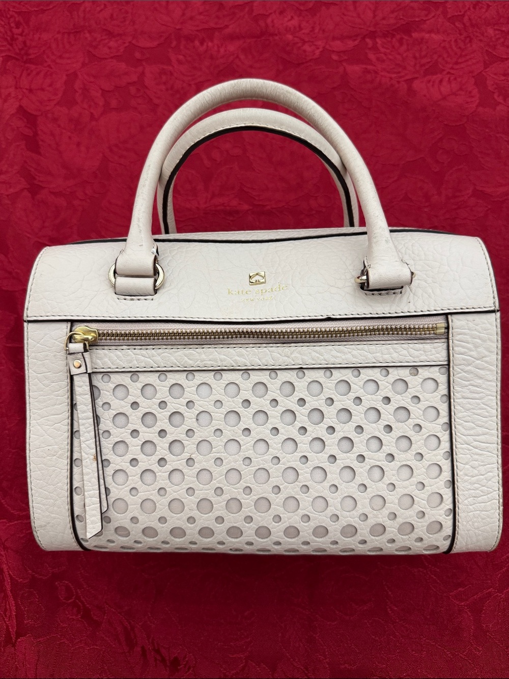 kate spade cream colored Perforated Leather Top-Handle w/zipper Satchel (mlb)
